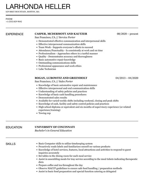 banquet porter resume examples 1